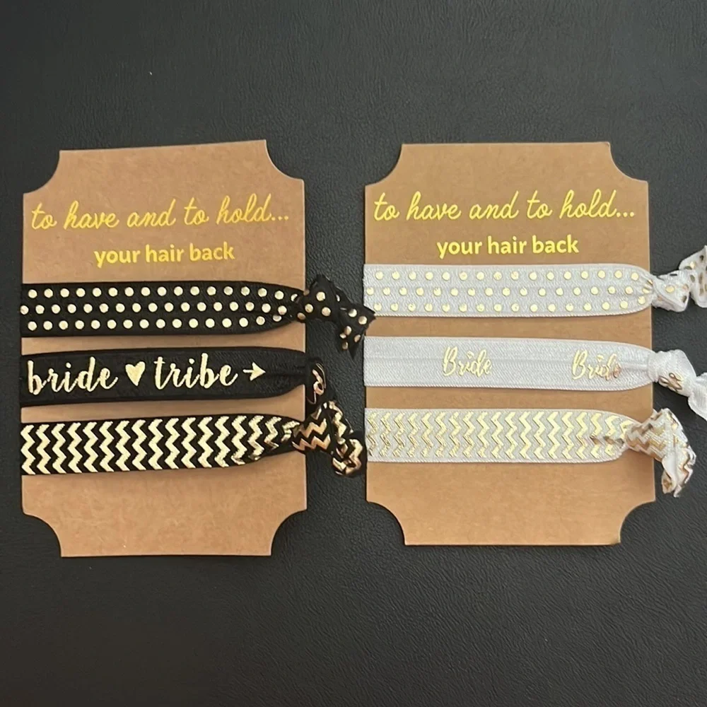 Bridal Party Hair Ties, 3 Black & 3 White Bride & Bride Tribe ties, 2 packs